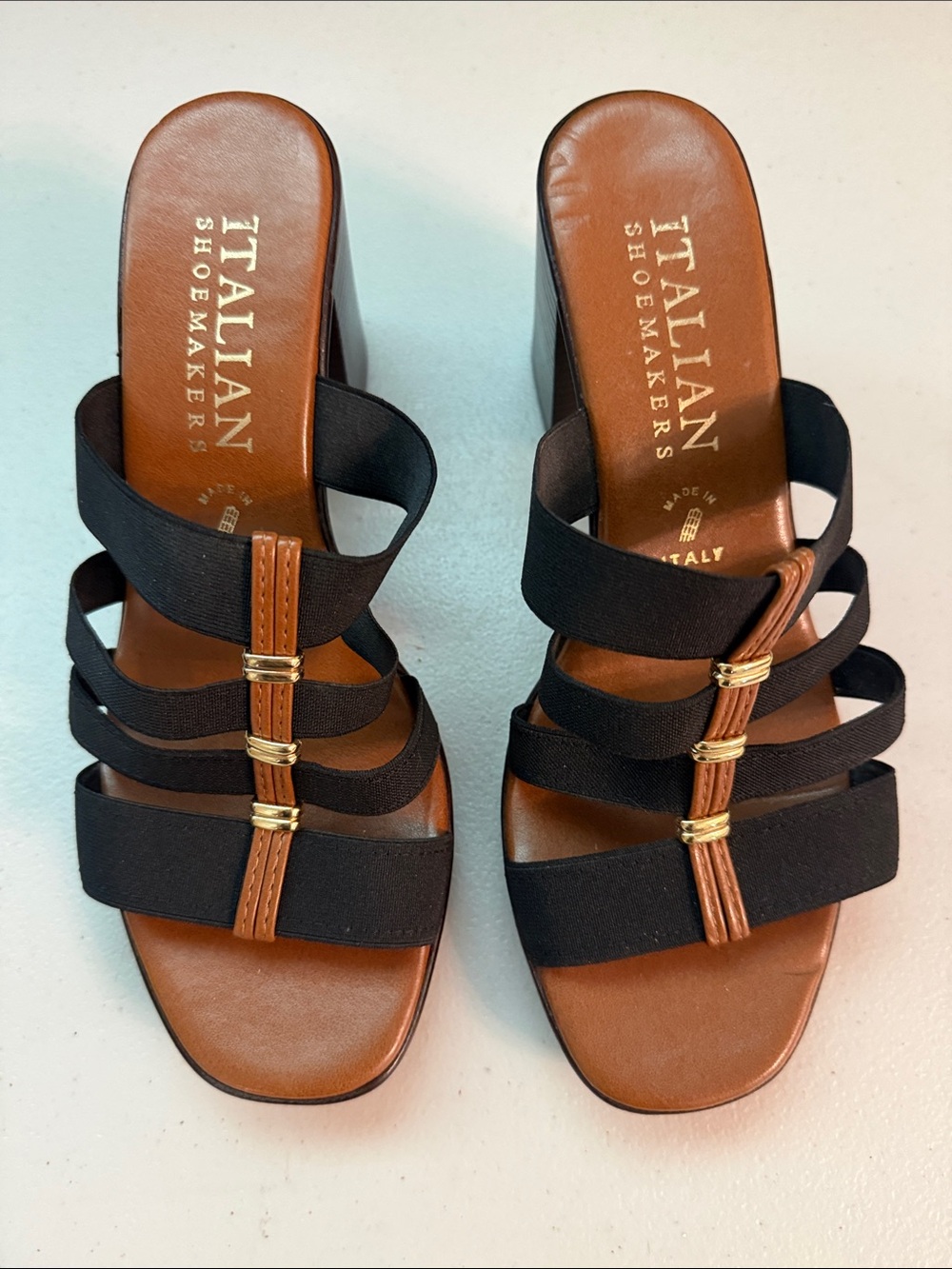 Italian Shoemakers Black and Brown Strappy Slide Mules